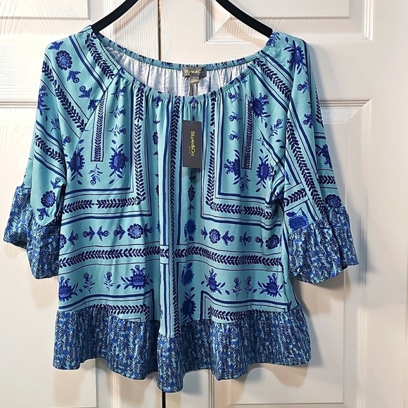 NWT Style & Co. Petite Printed Boxy Blouse with Flutter Sleeves Blue PXL - Picture 7 of 13